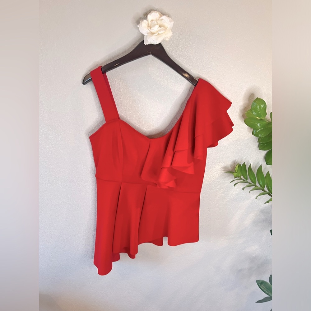 Venus, red peplum blouse, asymmetrical, ruffle with hidden side zipper